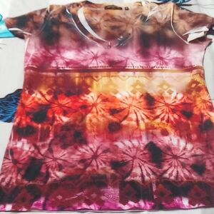 Notations Women's Tie-Dye Short Sleeve Top - Brown, Red, Pink